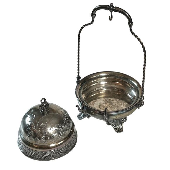 Vintage James W. Tufts Silver-Plate Butter Dish Hanging Lid - Picture 6 of 11